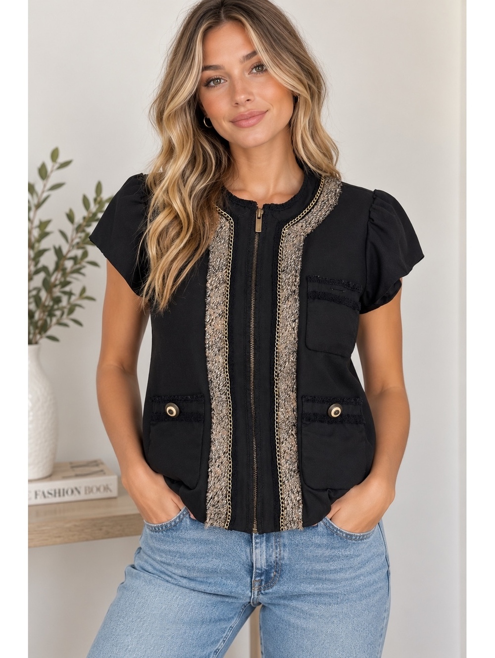 BCBG Max Azria Women’s XS Tweed Trim Jacket Top Black Gold Chain Zip